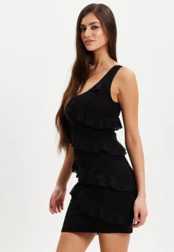 Women's Mini Dress with One Shoulder Design and Diagonal Ruffle Detail in Black - Liquorish