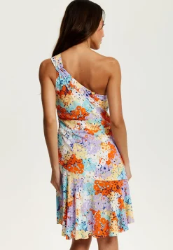 Women's Mini Dress with One Shoulder Style and Frill Details in Multicolour Floral Print - Liquorish