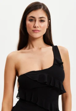 Women's Mini Dress with One Shoulder Design and Diagonal Ruffle Detail in Black - Liquorish