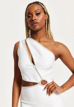 Women's Mini Dress with One Shoulder Design and Cut Out Diamond Detail in White, Perfectly Fitted, by Liquorish