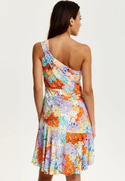 Women's Mini Dress with One Shoulder Style and Frill Details in Multicolour Floral Print - Liquorish