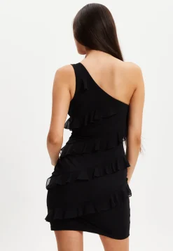 Women's Mini Dress with One Shoulder Design and Diagonal Ruffle Detail in Black - Liquorish