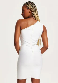 Women's Mini Dress with One Shoulder Design and Cut Out Diamond Detail in White, Perfectly Fitted, by Liquorish