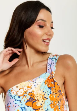 Women's Mini Dress with One Shoulder Style and Frill Details in Multicolour Floral Print - Liquorish