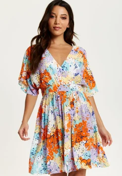 Women's Mini Dress with Open Back and Elasticated Waist in Multicolour Floral Print - Liquorish