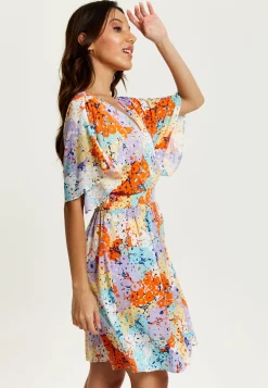 Women's Mini Dress with Open Back and Elasticated Waist in Multicolour Floral Print - Liquorish