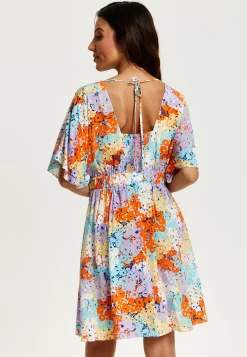 Women's Mini Dress with Open Back and Elasticated Waist in Multicolour Floral Print - Liquorish
