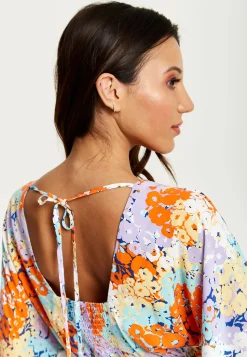 Women's Mini Dress with Open Back and Elasticated Waist in Multicolour Floral Print - Liquorish