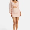 Women's Mini Dress with Puff Long Sleeves and Cut Out Details in Pink Sequin - Stunning Evening Wear by Liquorish