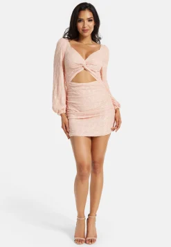 Women's Mini Dress with Puff Long Sleeves and Cut Out Details in Pink Sequin - Stunning Evening Wear by Liquorish