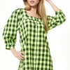Women’s Mini Dress with Puff Sleeves in Neon Green Gingham, Button-Up Front, Oversized Fit, Playful and Chic
