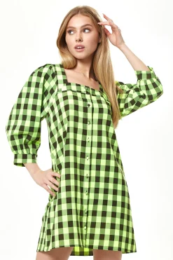 Women’s Mini Dress with Puff Sleeves in Neon Green Gingham, Button-Up Front, Oversized Fit, Playful and Chic