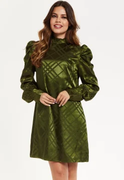 Women's Mini Dress with Puff Sleeves in Khaki Check Jacquard - Regular Fit, High Neck, by Liquorish