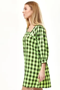 Women’s Mini Dress with Puff Sleeves in Neon Green Gingham, Button-Up Front, Oversized Fit, Playful and Chic