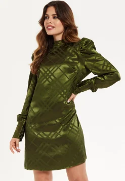 Women's Mini Dress with Puff Sleeves in Khaki Check Jacquard - Regular Fit, High Neck, by Liquorish