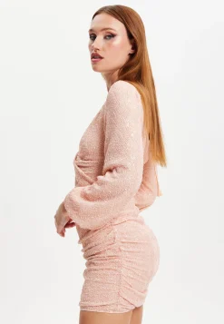 Women's Mini Dress with Puff Long Sleeves and Cut Out Details in Pink Sequin - Stunning Evening Wear by Liquorish