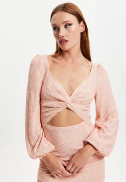 Women's Mini Dress with Puff Long Sleeves and Cut Out Details in Pink Sequin - Stunning Evening Wear by Liquorish