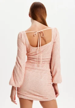 Women's Mini Dress with Puff Long Sleeves and Cut Out Details in Pink Sequin - Stunning Evening Wear by Liquorish
