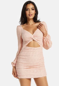Women's Mini Dress with Puff Long Sleeves and Cut Out Details in Pink Sequin - Stunning Evening Wear by Liquorish