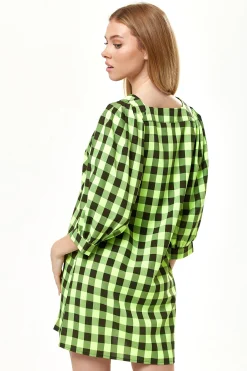 Women’s Mini Dress with Puff Sleeves in Neon Green Gingham, Button-Up Front, Oversized Fit, Playful and Chic