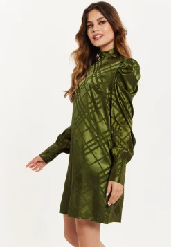 Women's Mini Dress with Puff Sleeves in Khaki Check Jacquard - Regular Fit, High Neck, by Liquorish