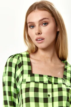 Women’s Mini Dress with Puff Sleeves in Neon Green Gingham, Button-Up Front, Oversized Fit, Playful and Chic