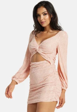 Women's Mini Dress with Puff Long Sleeves and Cut Out Details in Pink Sequin - Stunning Evening Wear by Liquorish