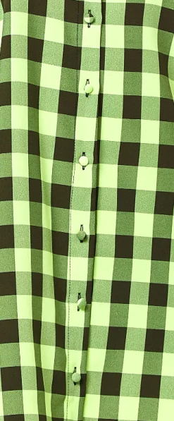 Women’s Mini Dress with Puff Sleeves in Neon Green Gingham, Button-Up Front, Oversized Fit, Playful and Chic