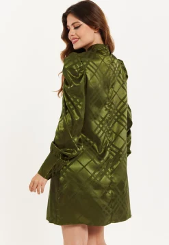 Women's Mini Dress with Puff Sleeves in Khaki Check Jacquard - Regular Fit, High Neck, by Liquorish