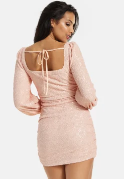 Women's Mini Dress with Puff Long Sleeves and Cut Out Details in Pink Sequin - Stunning Evening Wear by Liquorish