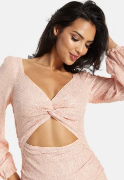 Women's Mini Dress with Puff Long Sleeves and Cut Out Details in Pink Sequin - Stunning Evening Wear by Liquorish