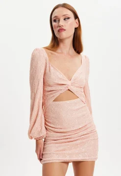 Women's Mini Dress with Puff Long Sleeves and Cut Out Details in Pink Sequin - Stunning Evening Wear by Liquorish