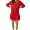 Women’s Mini Dress with Ruched Sleeves, Pleated Design, and Front Tie Detail in Bold Red