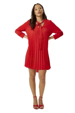 Women’s Mini Dress with Ruched Sleeves, Pleated Design, and Front Tie Detail in Bold Red