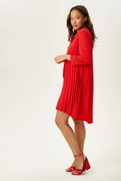Women’s Mini Dress with Ruched Sleeves, Pleated Design, and Front Tie Detail in Bold Red