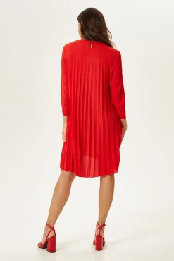 Women’s Mini Dress with Ruched Sleeves, Pleated Design, and Front Tie Detail in Bold Red