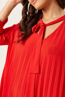 Women’s Mini Dress with Ruched Sleeves, Pleated Design, and Front Tie Detail in Bold Red