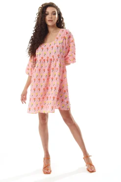 Women's Mini Dress with Short Sleeves in Pink Floral Smock Style - Elegant and Comfortable by Liquorish