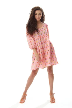 Women's Mini Dress with Short Sleeves in Pink Floral Smock Style - Elegant and Comfortable by Liquorish