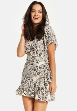 Women's Mini Dress with Short Sleeves and Frilled Hem in Black & White - Ruched Detail by Liquorish
