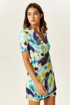 Women's Mini Dress with Short Sleeves in Vibrant Multicolour Abstract Print - Stylish Wrap Design by Liquorish