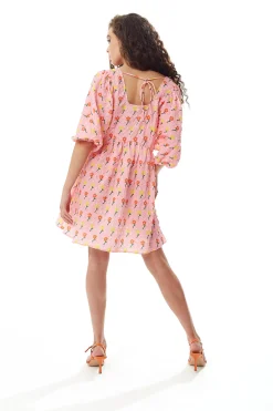 Women's Mini Dress with Short Sleeves in Pink Floral Smock Style - Elegant and Comfortable by Liquorish