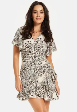 Women's Mini Dress with Short Sleeves and Frilled Hem in Black & White - Ruched Detail by Liquorish