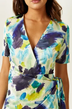 Women's Mini Dress with Short Sleeves in Vibrant Multicolour Abstract Print - Stylish Wrap Design by Liquorish