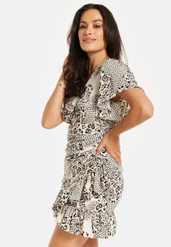 Women's Mini Dress with Short Sleeves and Frilled Hem in Black & White - Ruched Detail by Liquorish