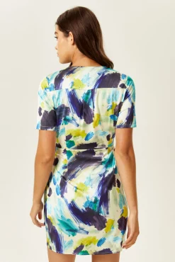 Women's Mini Dress with Short Sleeves in Vibrant Multicolour Abstract Print - Stylish Wrap Design by Liquorish