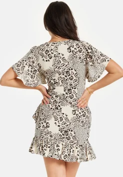Women's Mini Dress with Short Sleeves and Frilled Hem in Black & White - Ruched Detail by Liquorish