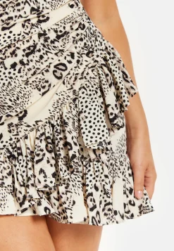 Women's Mini Dress with Short Sleeves and Frilled Hem in Black & White - Ruched Detail by Liquorish