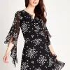 Women's Mini Dress with Star Print, V-Neck, Wrap Front Design, Tie Side, Frill Sleeves, Comfortable Fit