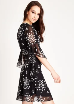 Women's Mini Dress with Star Print, V-Neck, Wrap Front Design, Tie Side, Frill Sleeves, Comfortable Fit